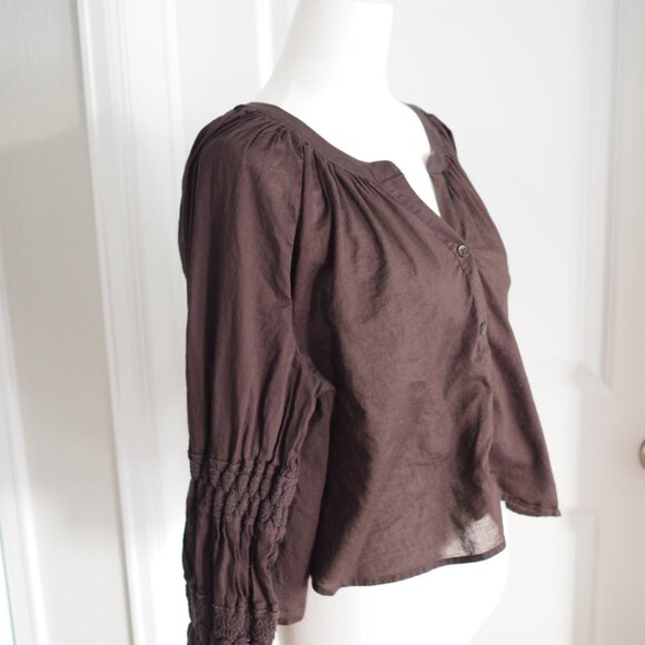 Aerie Peasant Blouse Coffee Brown Button-Up Ruched Sleeves Shirt Sz Large - Picture 4 of 10